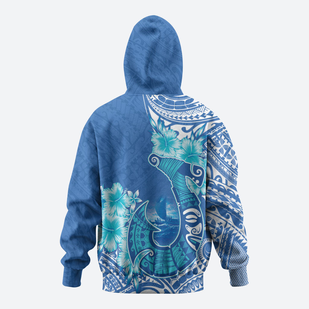Hawaii Discoverers Day Hoodie Polynesian Fish Hook With Hibiscus Blue