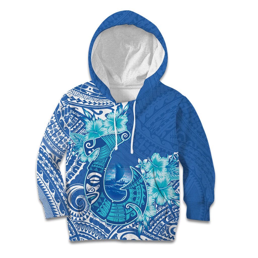 Hawaii Discoverers Day Kid Hoodie Polynesian Fish Hook With Hibiscus Blue