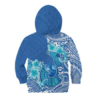 Hawaii Discoverers Day Kid Hoodie Polynesian Fish Hook With Hibiscus Blue