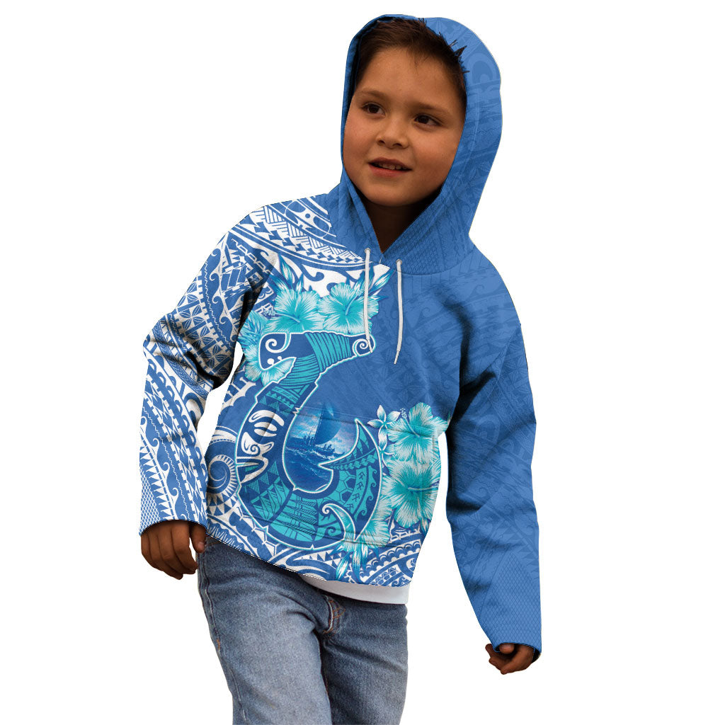 Hawaii Discoverers Day Kid Hoodie Polynesian Fish Hook With Hibiscus Blue