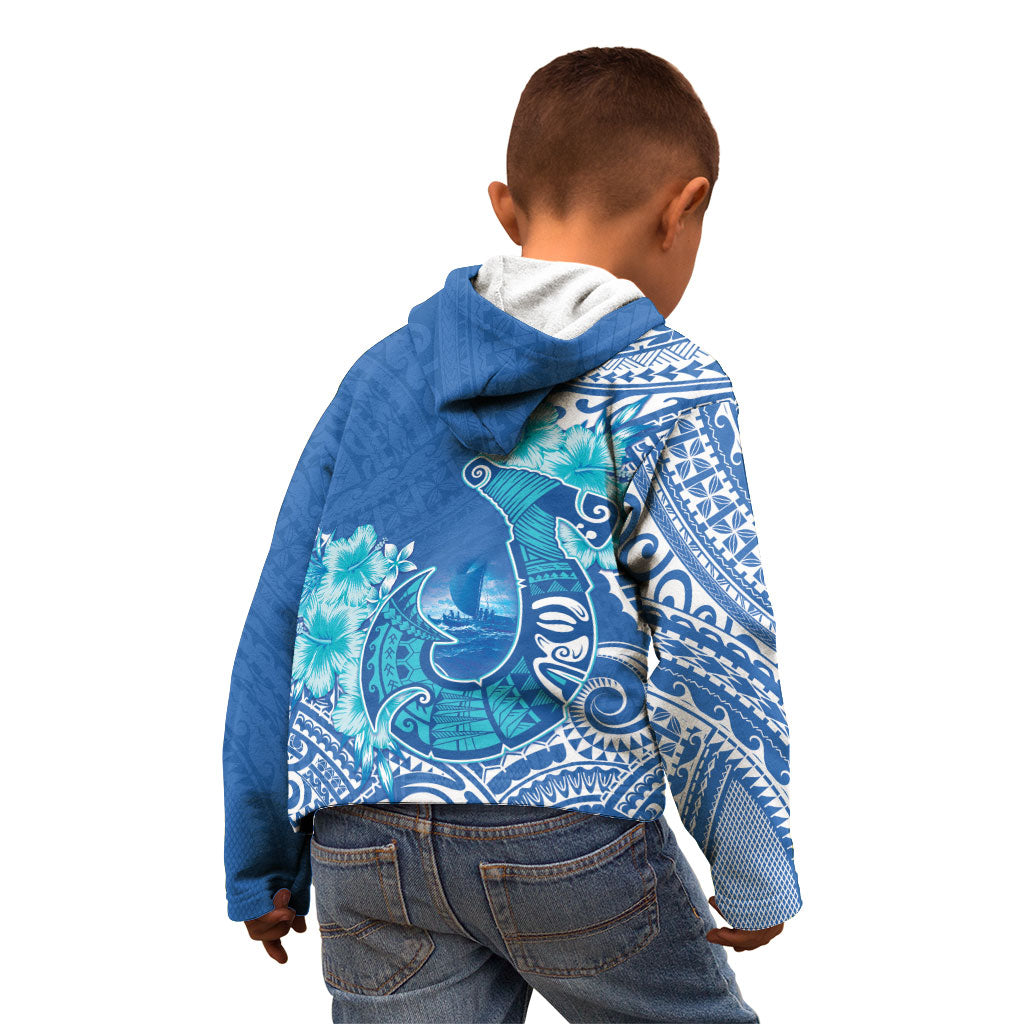 Hawaii Discoverers Day Kid Hoodie Polynesian Fish Hook With Hibiscus Blue