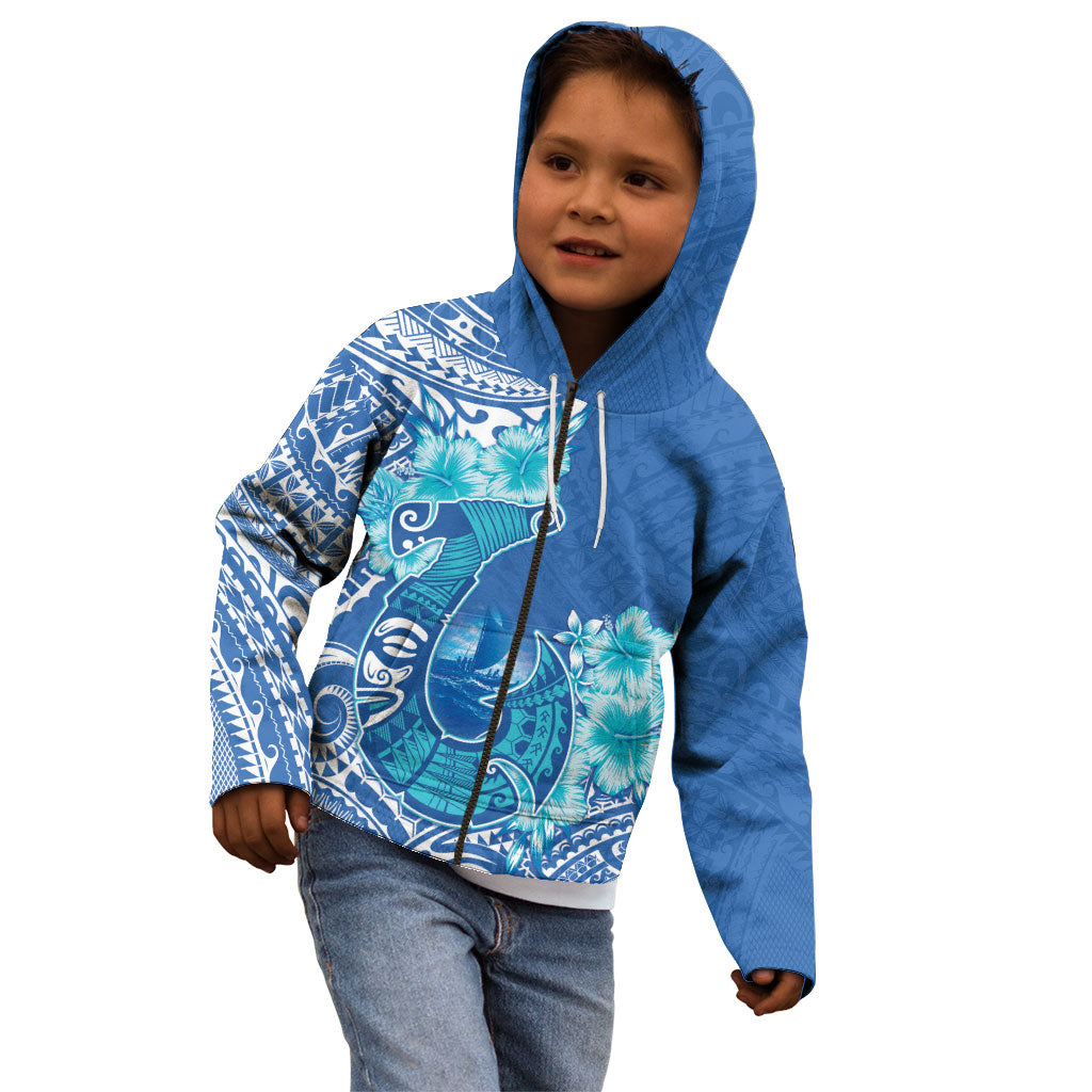 Hawaii Discoverers Day Kid Hoodie Polynesian Fish Hook With Hibiscus Blue