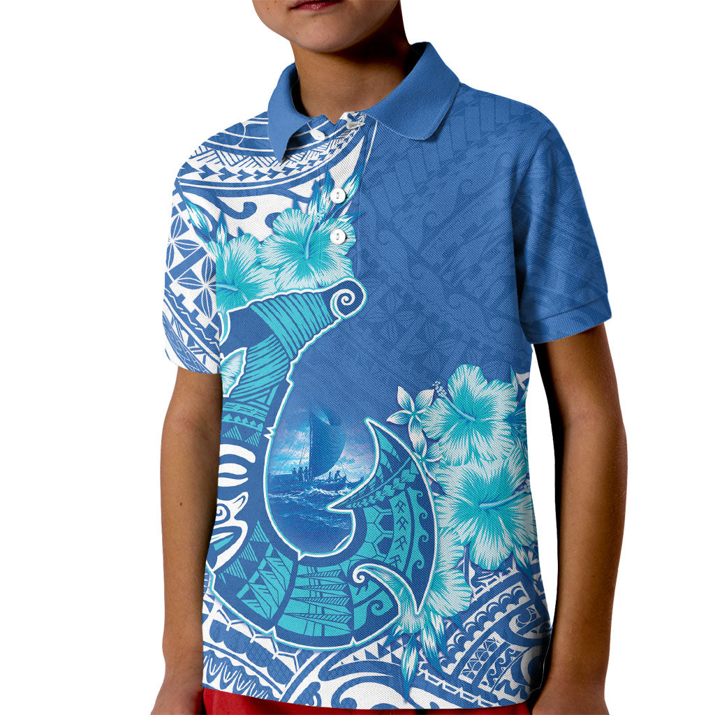 Hawaii Discoverers Day Kid Polo Shirt Polynesian Fish Hook With Hibiscus Blue