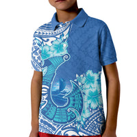 Hawaii Discoverers Day Kid Polo Shirt Polynesian Fish Hook With Hibiscus Blue