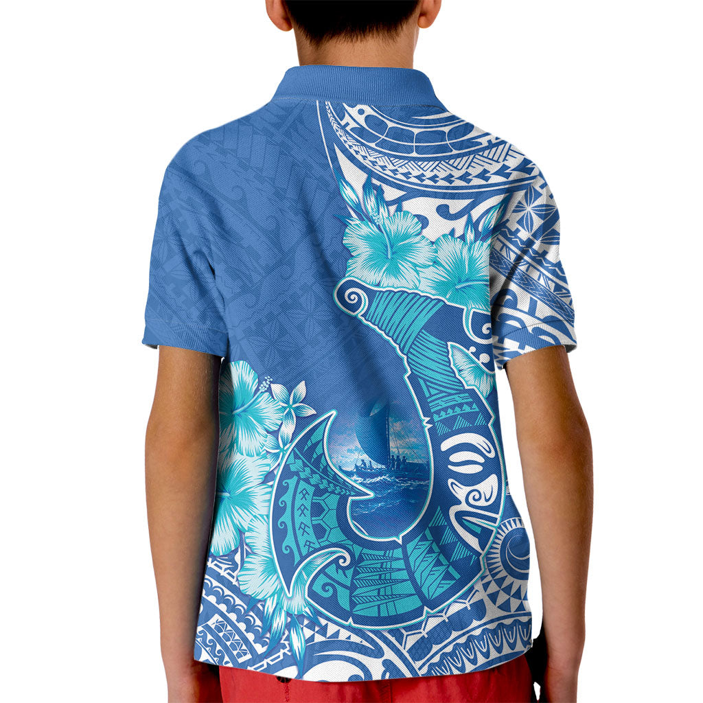 Hawaii Discoverers Day Kid Polo Shirt Polynesian Fish Hook With Hibiscus Blue