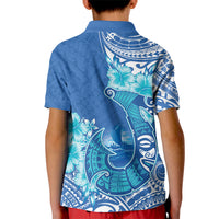 Hawaii Discoverers Day Kid Polo Shirt Polynesian Fish Hook With Hibiscus Blue