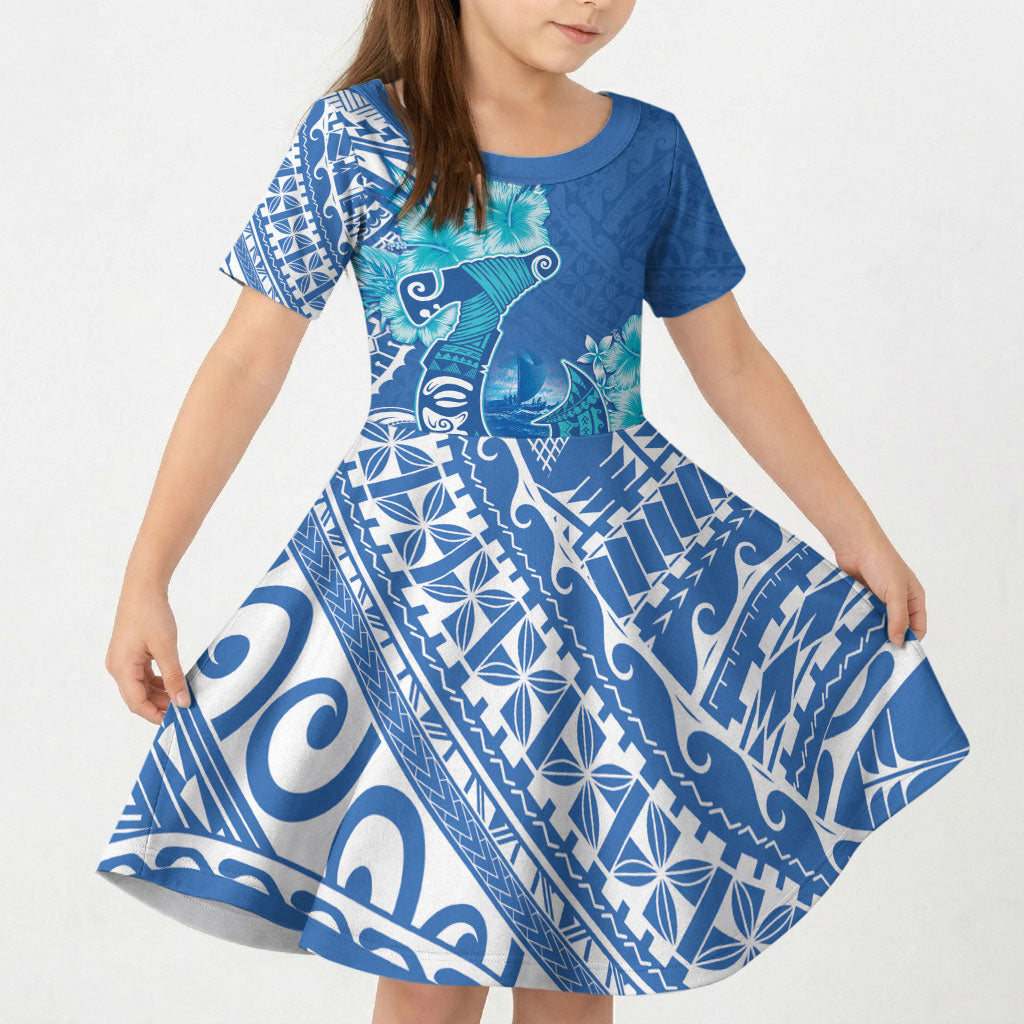 Hawaii Discoverers Day Kid Short Sleeve Dress Polynesian Fish Hook With Hibiscus Blue