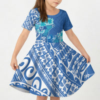 Hawaii Discoverers Day Kid Short Sleeve Dress Polynesian Fish Hook With Hibiscus Blue