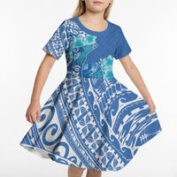 Hawaii Discoverers Day Kid Short Sleeve Dress Polynesian Fish Hook With Hibiscus Blue