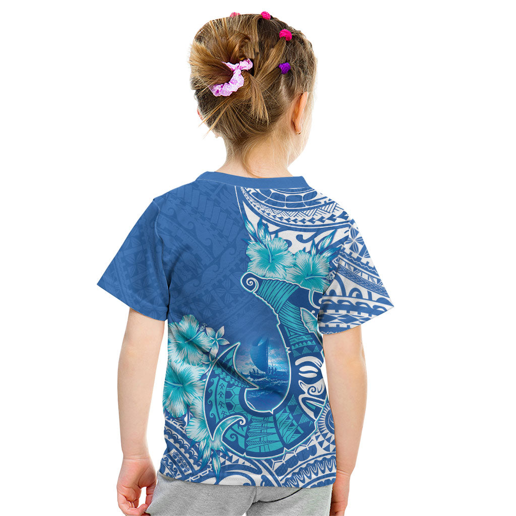 Hawaii Discoverers Day Kid T Shirt Polynesian Fish Hook With Hibiscus Blue