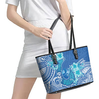 Hawaii Discoverers Day Leather Tote Bag Polynesian Fish Hook With Hibiscus Blue