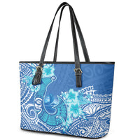 Hawaii Discoverers Day Leather Tote Bag Polynesian Fish Hook With Hibiscus Blue