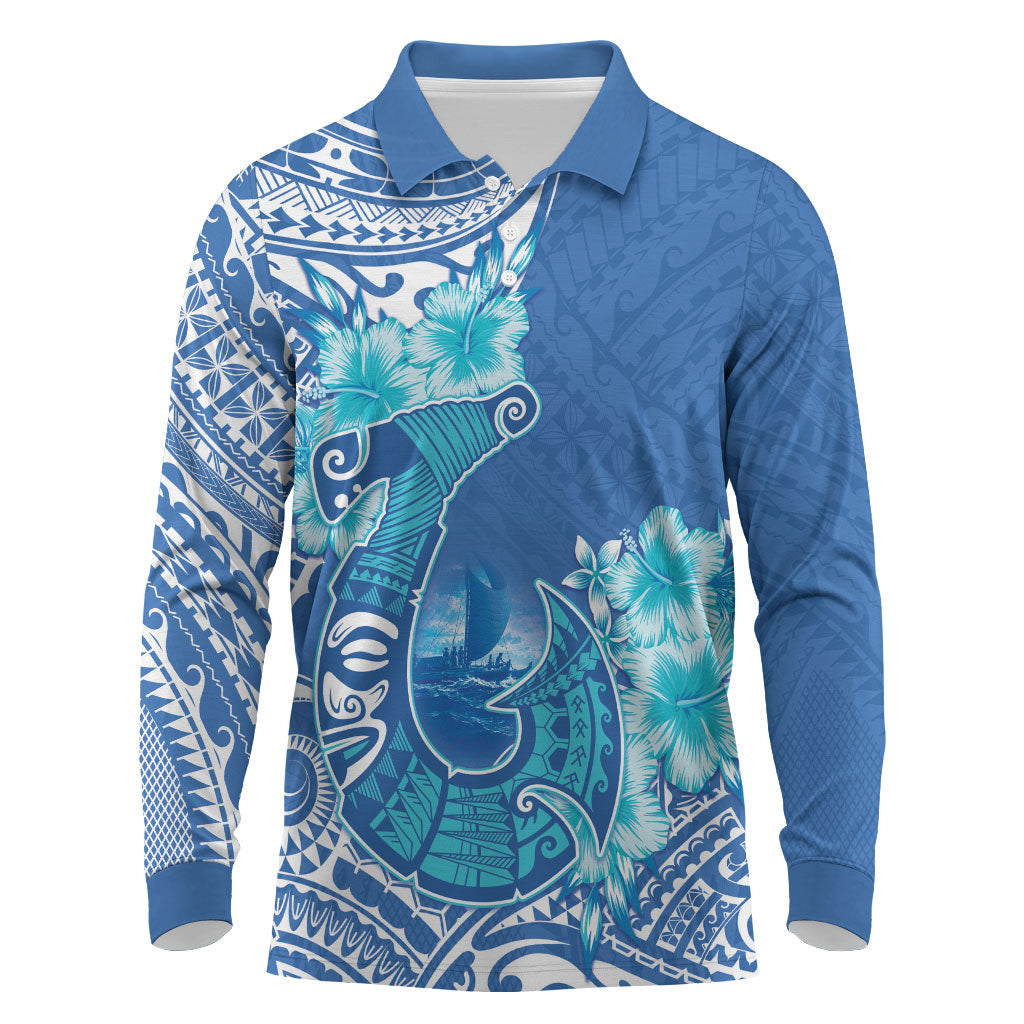 Hawaii Discoverers Day Long Sleeve Polo Shirt Polynesian Fish Hook With Hibiscus Blue