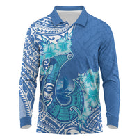 Hawaii Discoverers Day Long Sleeve Polo Shirt Polynesian Fish Hook With Hibiscus Blue