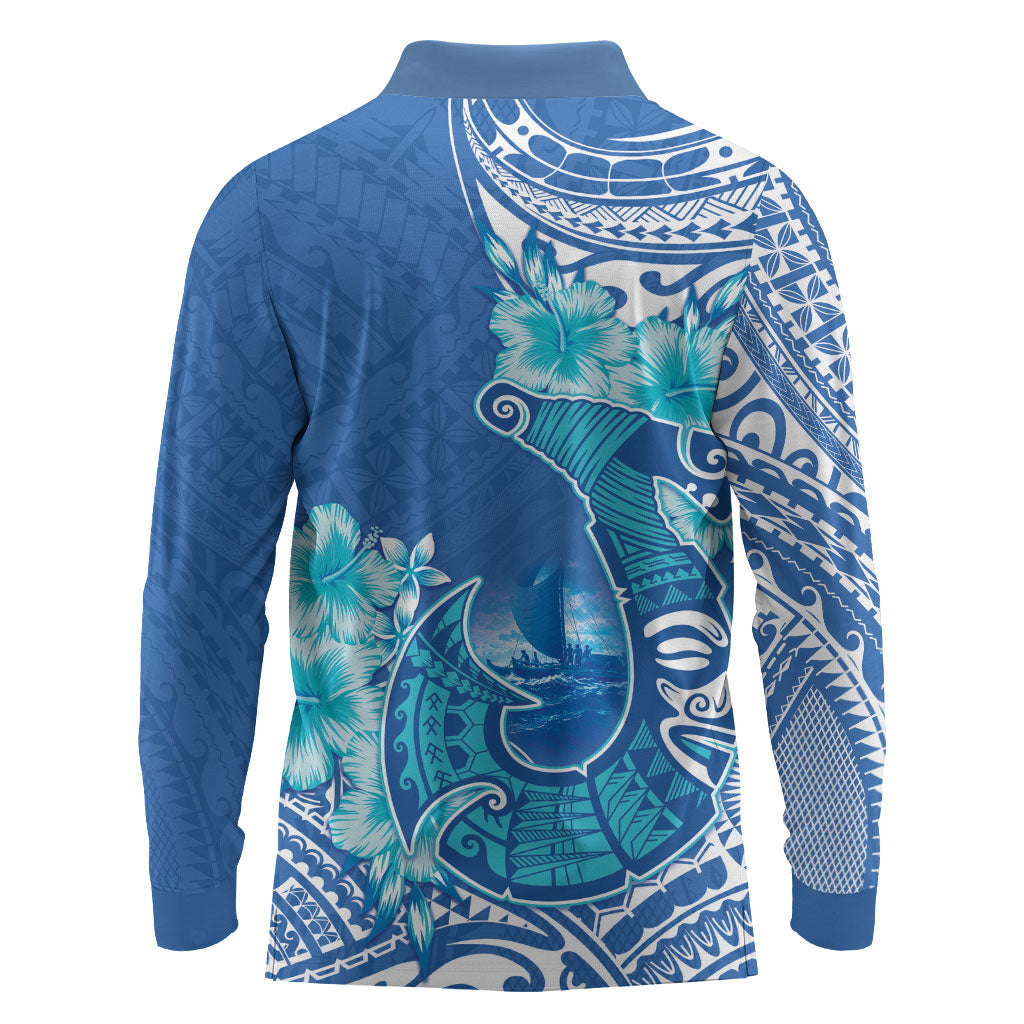 Hawaii Discoverers Day Long Sleeve Polo Shirt Polynesian Fish Hook With Hibiscus Blue