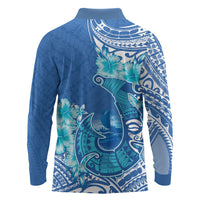 Hawaii Discoverers Day Long Sleeve Polo Shirt Polynesian Fish Hook With Hibiscus Blue