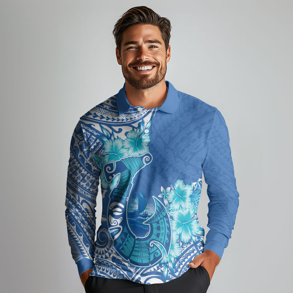 Hawaii Discoverers Day Long Sleeve Polo Shirt Polynesian Fish Hook With Hibiscus Blue