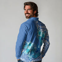 Hawaii Discoverers Day Long Sleeve Polo Shirt Polynesian Fish Hook With Hibiscus Blue
