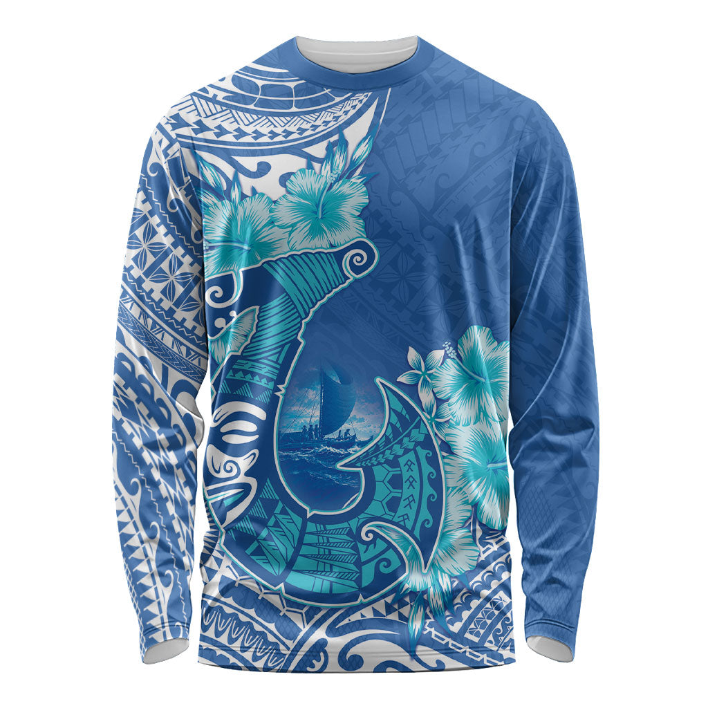 Hawaii Discoverers Day Long Sleeve Shirt Polynesian Fish Hook With Hibiscus Blue