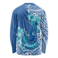 Hawaii Discoverers Day Long Sleeve Shirt Polynesian Fish Hook With Hibiscus Blue