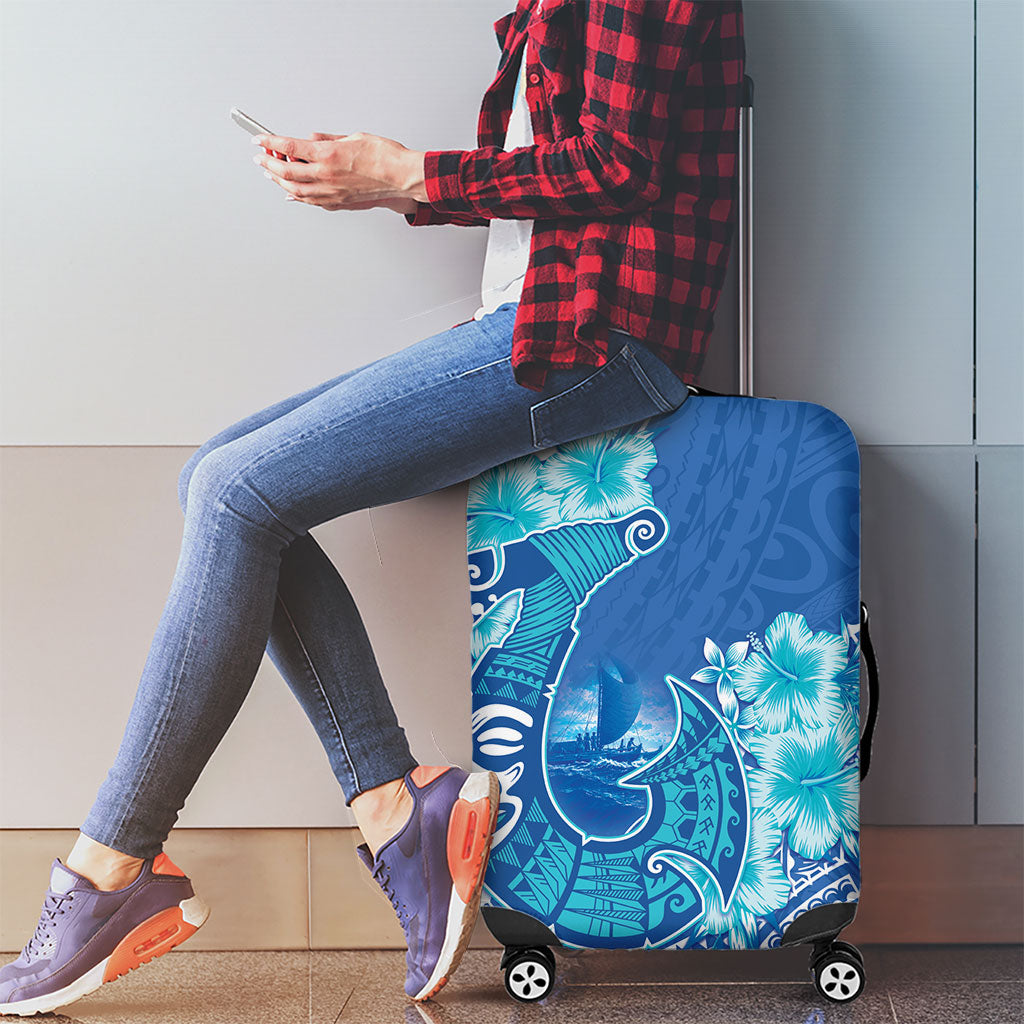 Hawaii Discoverers Day Luggage Cover Polynesian Fish Hook With Hibiscus Blue