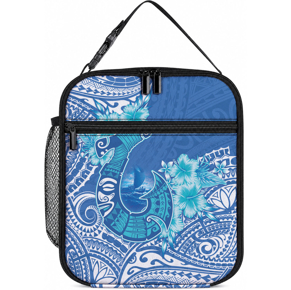 Hawaii Discoverers Day Lunch Bag Polynesian Fish Hook With Hibiscus Blue