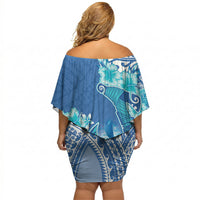 Hawaii Discoverers Day Off Shoulder Short Dress Polynesian Fish Hook With Hibiscus Blue