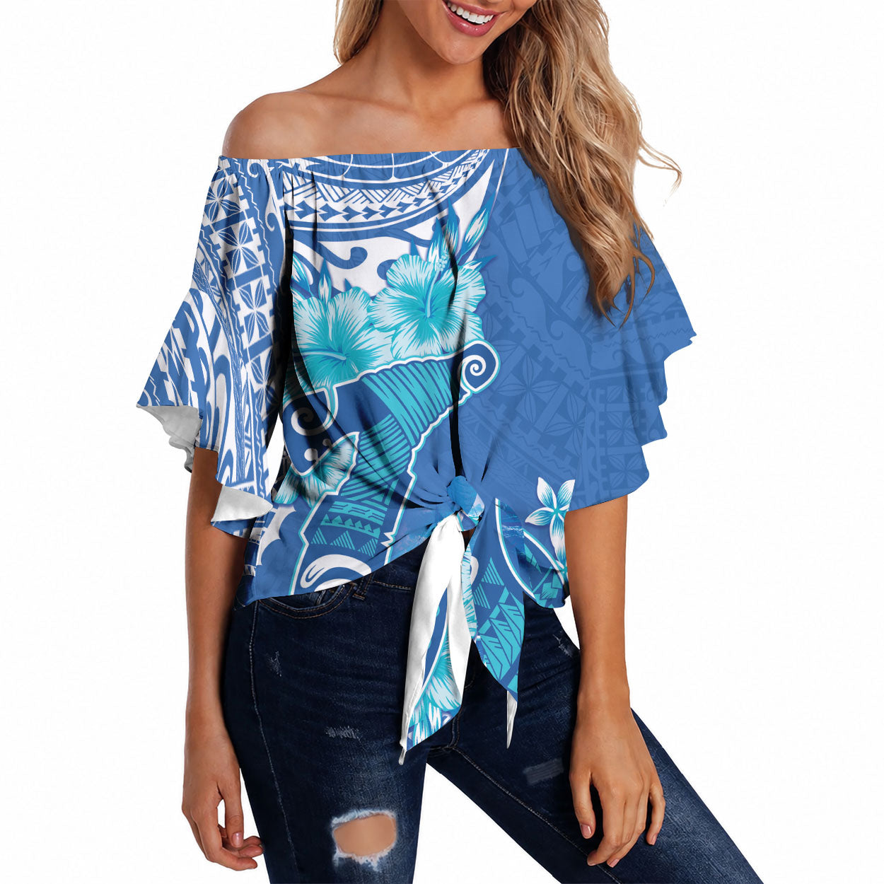 Hawaii Discoverers Day Off Shoulder Wrap Waist Top Polynesian Fish Hook With Hibiscus Blue