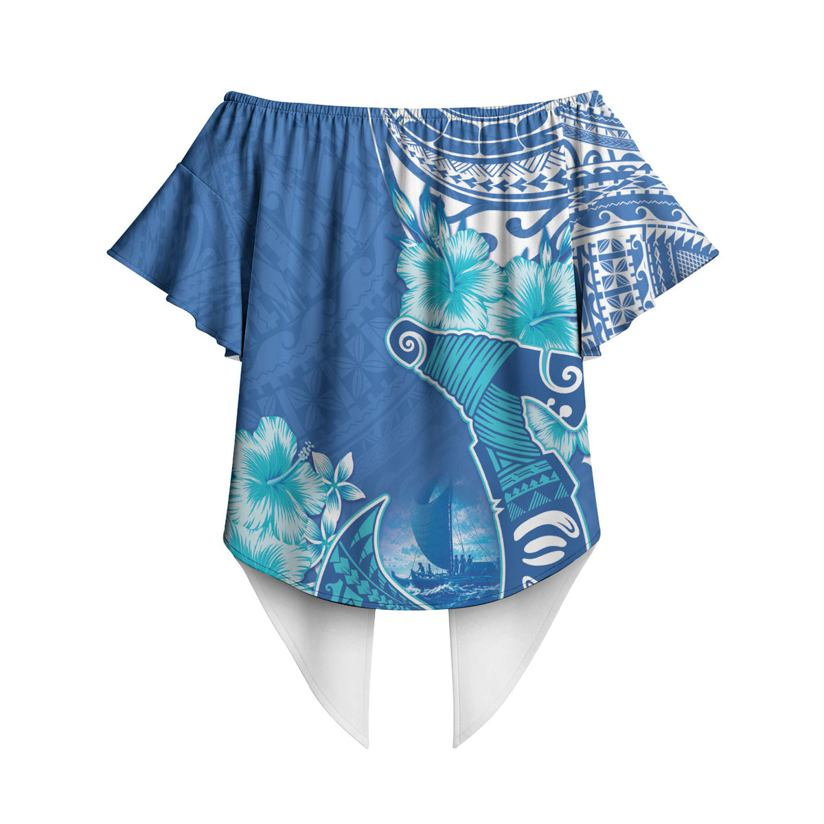 Hawaii Discoverers Day Off Shoulder Wrap Waist Top Polynesian Fish Hook With Hibiscus Blue