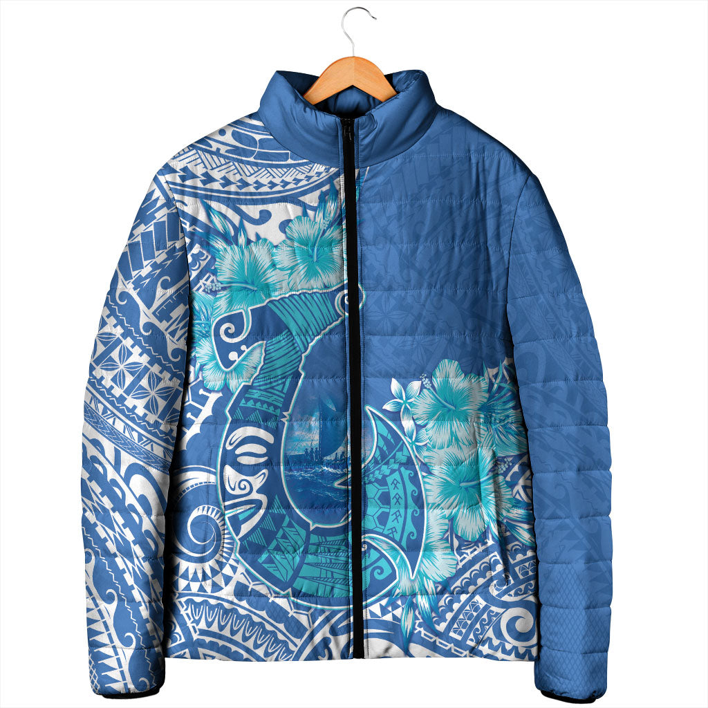 Hawaii Discoverers Day Padded Jacket Polynesian Fish Hook With Hibiscus Blue