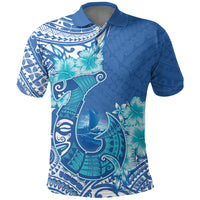 Hawaii Discoverers Day Polo Shirt Polynesian Fish Hook With Hibiscus Blue