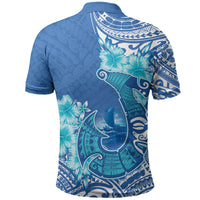 Hawaii Discoverers Day Polo Shirt Polynesian Fish Hook With Hibiscus Blue
