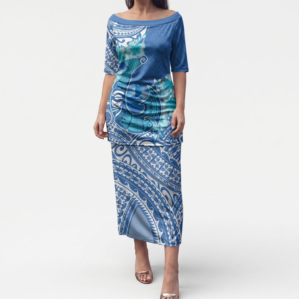 Hawaii Discoverers Day Puletasi Polynesian Fish Hook With Hibiscus Blue