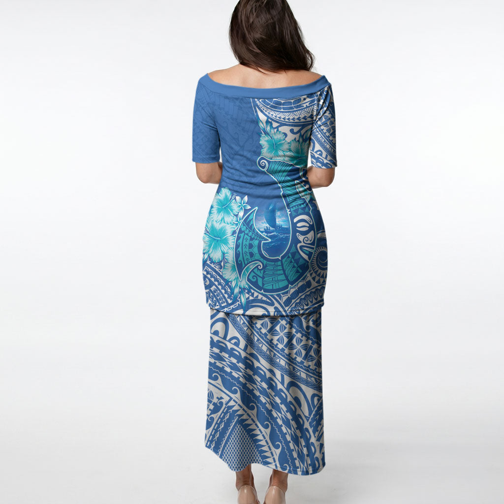 Hawaii Discoverers Day Puletasi Polynesian Fish Hook With Hibiscus Blue