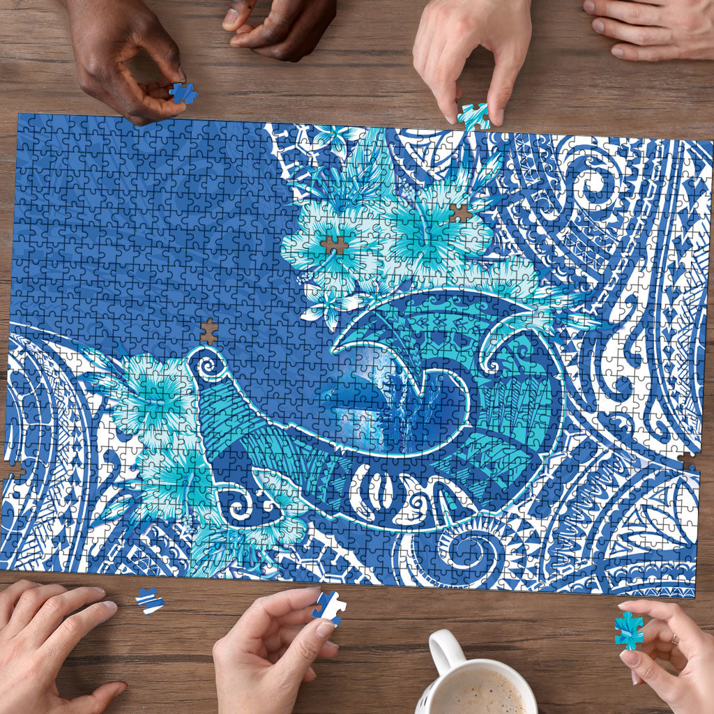 Hawaii Discoverers Day Puzzle Polynesian Fish Hook With Hibiscus Blue