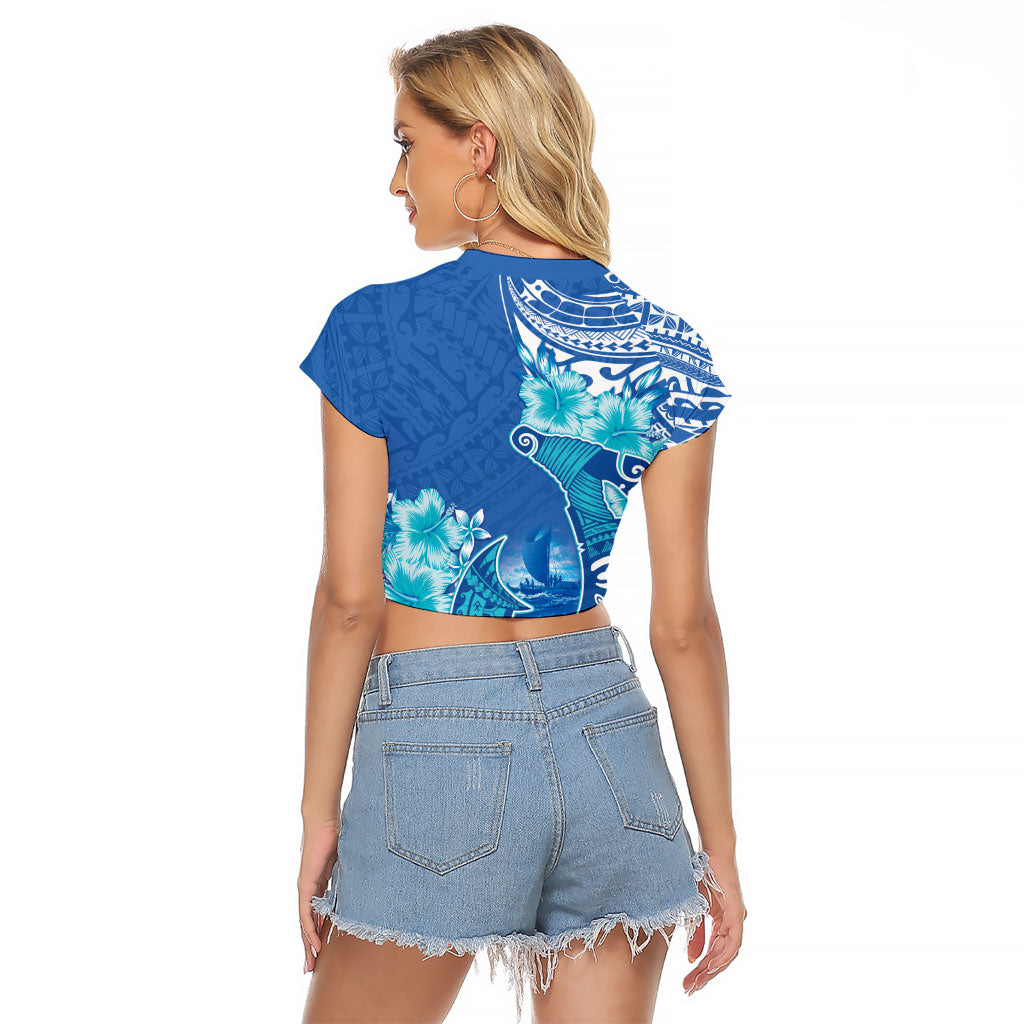 Hawaii Discoverers Day Raglan Cropped T Shirt Polynesian Fish Hook With Hibiscus Blue