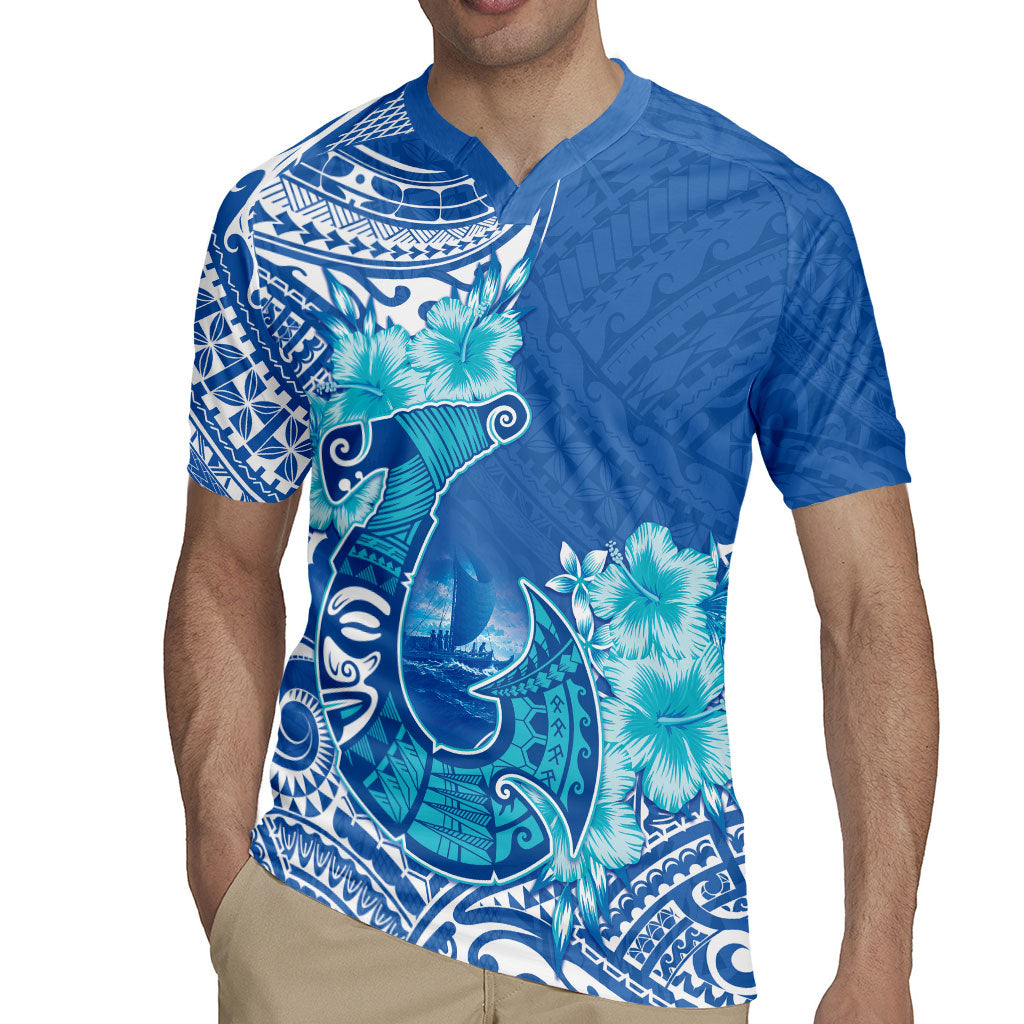 Hawaii Discoverers Day Rugby Jersey Polynesian Fish Hook With Hibiscus Blue