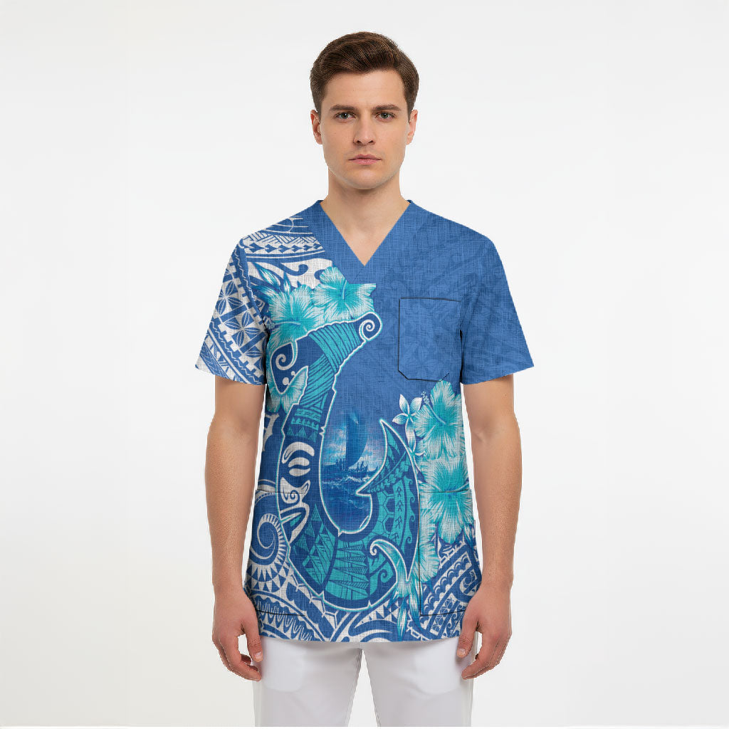 Hawaii Discoverers Day Scrub Top Polynesian Fish Hook With Hibiscus Blue