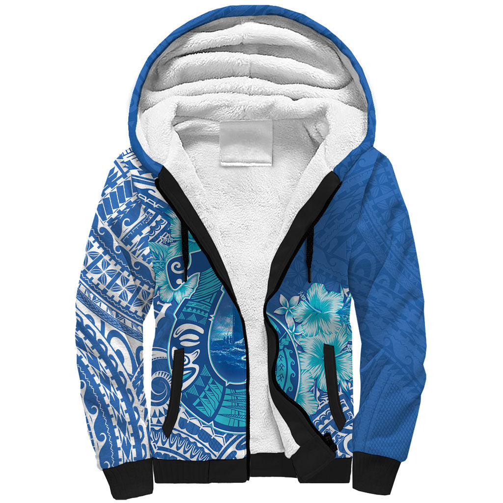 Hawaii Discoverers Day Sherpa Hoodie Polynesian Fish Hook With Hibiscus Blue