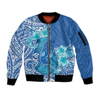 Hawaii Discoverers Day Sleeve Zip Bomber Jacket Polynesian Fish Hook With Hibiscus Blue