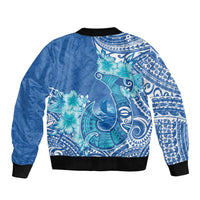 Hawaii Discoverers Day Sleeve Zip Bomber Jacket Polynesian Fish Hook With Hibiscus Blue