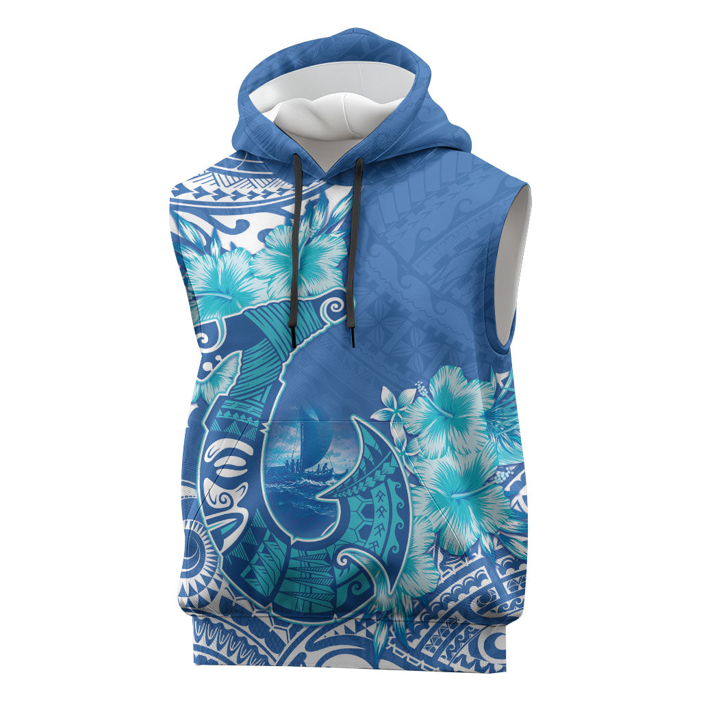 Hawaii Discoverers Day Sleeveless Hoodie Polynesian Fish Hook With Hibiscus Blue