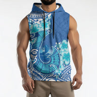 Hawaii Discoverers Day Sleeveless Hoodie Polynesian Fish Hook With Hibiscus Blue