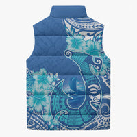 Hawaii Discoverers Day Sleeveless Puffer Jacket Polynesian Fish Hook With Hibiscus Blue
