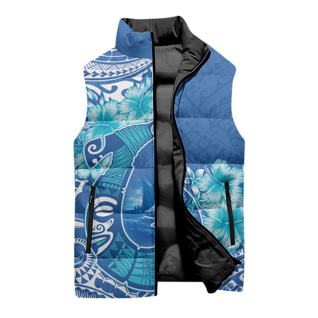 Hawaii Discoverers Day Sleeveless Puffer Jacket Polynesian Fish Hook With Hibiscus Blue