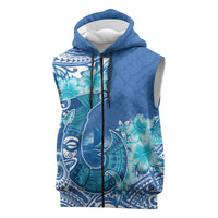 Hawaii Discoverers Day Sleeveless Zip Hoodie Polynesian Fish Hook With Hibiscus Blue