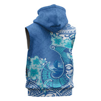 Hawaii Discoverers Day Sleeveless Zip Hoodie Polynesian Fish Hook With Hibiscus Blue