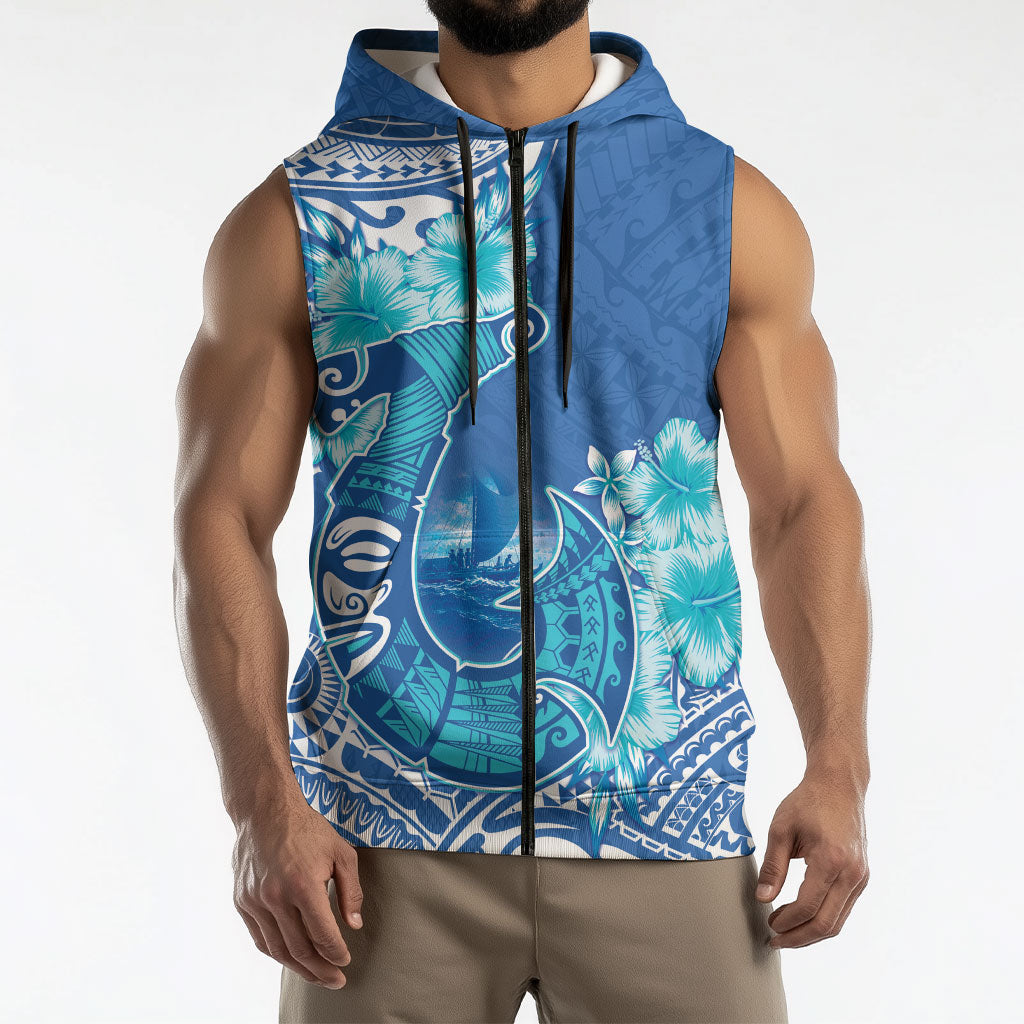 Hawaii Discoverers Day Sleeveless Zip Hoodie Polynesian Fish Hook With Hibiscus Blue