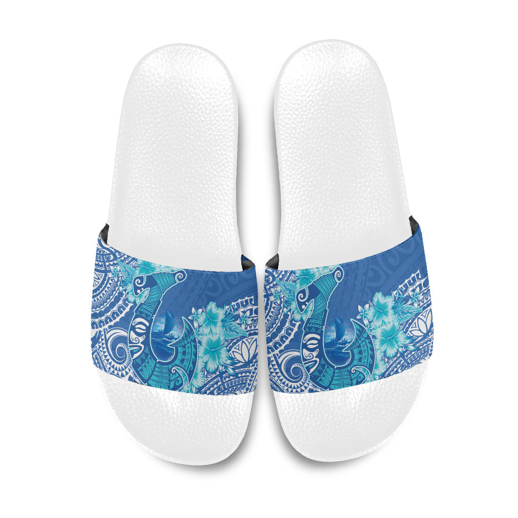 Hawaii Discoverers Day Slide Sandals Polynesian Fish Hook With Hibiscus Blue