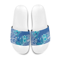 Hawaii Discoverers Day Slide Sandals Polynesian Fish Hook With Hibiscus Blue